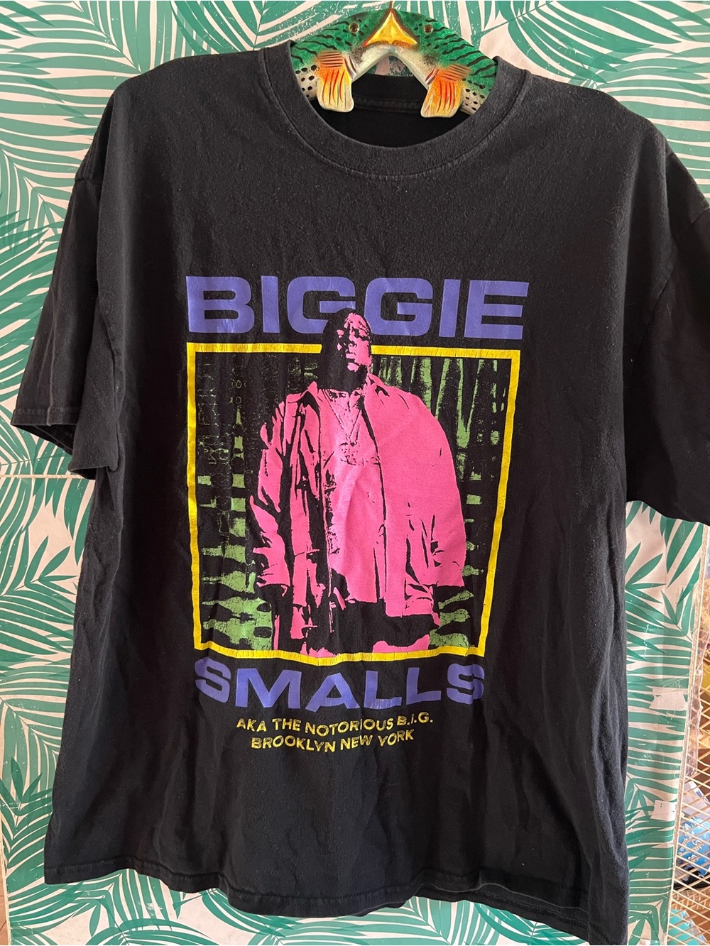 BIGGIE SMALLS Graphic Tee — Black with Pink, Purple & Yellow Print